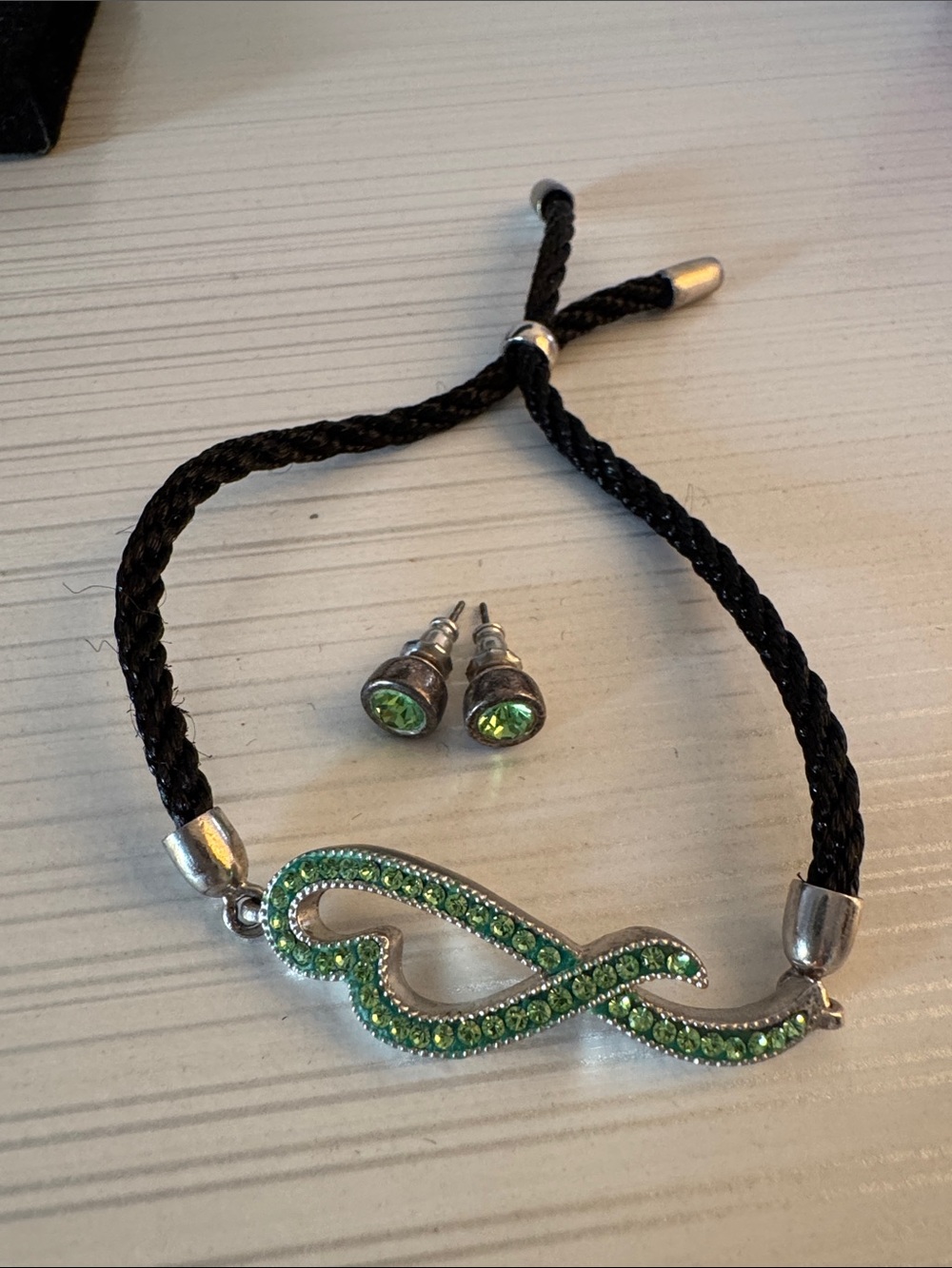 Green Crystal Ribbon Bracelet and Stud Earrings Set